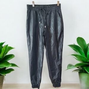 Black Faux Leather Joggers Womens Size Small Cuffed Elastic Drawstring Waist EUC